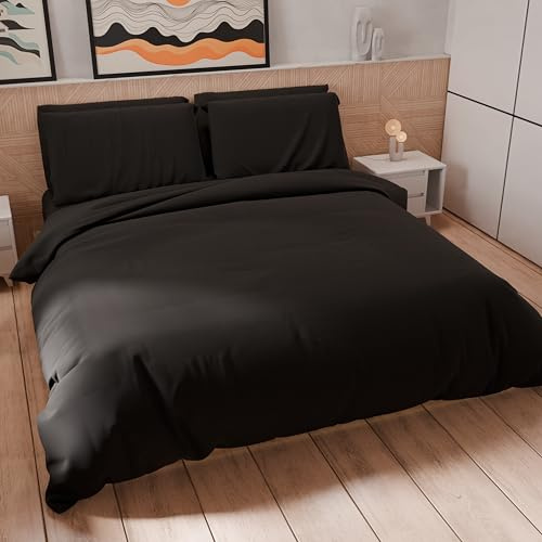 PETTI Artigiani Italiani - Set Copripiumino Matrimoniale 250x200 cm (2 Federe 50x80 cm Incluse), Parure Copripiumino Morbida Microfibra Tinta Unita Nero