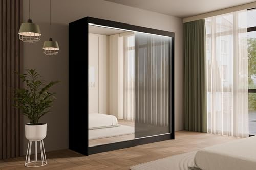 ALTDECOR Kleiderschrank mit Spiegel und Schiebetüren, kugelgelagerte Führungsschienen und Aluminium-Leisten, LED-Beleuchtung (16 Farben) und Fernbedienung - VESLI - 200 cm Schwarz/Lacobel Grau