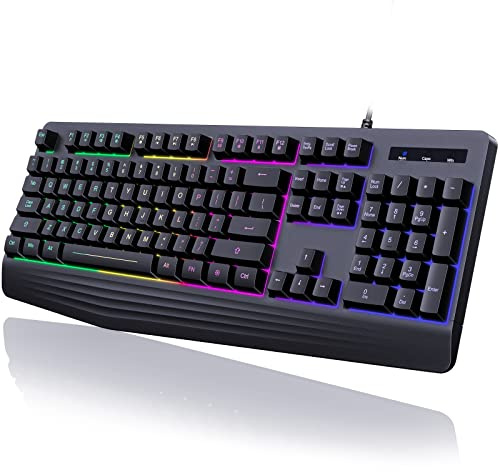 yesbeaut Gaming Keyboard, 7-Color Rainbow LED Backlit, 104 Keys Quiet Light Up Keyboard, Wrist Rest, Multimedia Keys, Whisper Silent, Anti-ghosting Keys, Waterproof USB Wired Keyboard for PC Mac Xbox