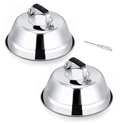 Leonyo 2PCS 6.5 Inch Heavy Duty Cheese Melting Dome, Stainless Steel Round Basting Steam Cover for Grilling Flat Top Cast Iron, Heat Resistant Handle Griddle Accessories