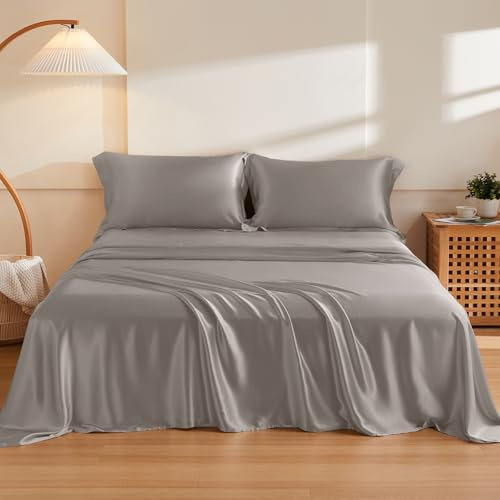 THXSILK Silk Sheet Set 4Pcs, 6A+ Top Grade 100% Natural Mulberry Silk Bed Sheets, Luxury Bedding Sets Ultra Soft Durable Safe Material, 1 Fitted Sheet, 1 Flat Sheet and 2 Pillow Shams (King, Grey)