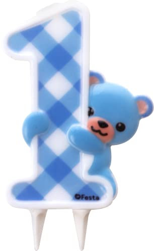 Zahlenkerze * ZAHL 1 * in BLAU mit Steckfuß | ca. 12cm x 7cm groß | Hellblau Junge Baby Deko 1. Geburtstag Geburtstagskerze Kerze Bärchen