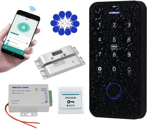 QTTYELOK Kit Sistema Controllo Accessi Porte Bluetooth Tuya IP68 Impermeabile RFID Tastiera NFC Fingerprint + Serratura a Bullone Elettronica + Alimentatore + 10pz Portachiavi 13.56MHz