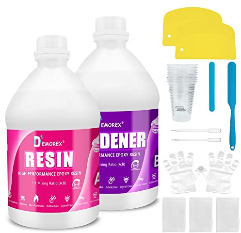 Demorex Kristallklares Epoxidharz-Set, Hochglanz- und blasenfreies Harzzubehör für Kunstbeschichtung und Gießen, Basteln, Holz, Tischplatte, Barplatte, Formen, Flusstische mit Tassen, Stäbchen