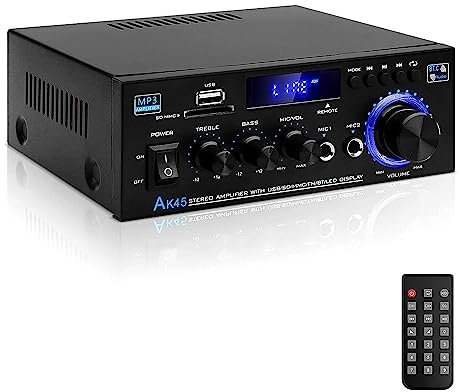 HiFi Audio Amplificador, AK45 Bluetooth5.0 Amplificador de Potencia de Audio 2.0CH 40Wx2 Salida MAX 400W Receptor estéreo Amplificador Audio para Cine en casa, Coche Altavoz W/Mic USB Radio FM