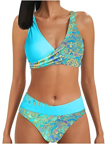 Bikini Damen Set Triangel Breites Unterbrustband Gerippte Bademode Zweiteiliger Badeanzug