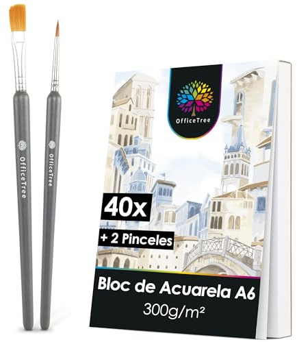 OfficeTree 40x Watercolour Paper A6 300gsm - Watercolour Pad A6 with 2X Brushes - Painting Paper - Watercolour Postcards Pad - Watercolour Sketchbook - Small Watercolour Pad - Watercolour Journal
