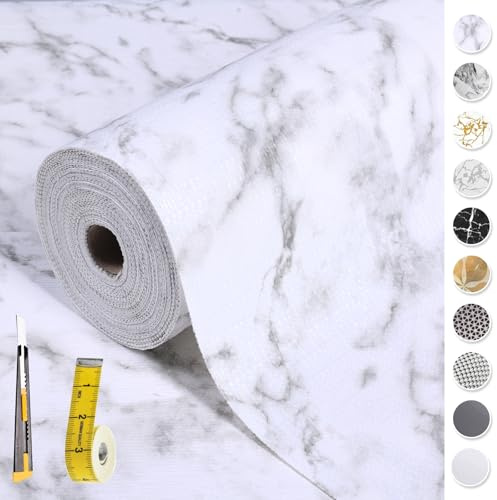 2-Layer Drawer and Shelf Liner for Kitchen Cabinet: 12 in X 20 Ft Non Slip Waterproof Shelf Paper Non Adhesive Refrigerator Liners White Marble Easy Liners for Bathroom with Knife Tape Measure