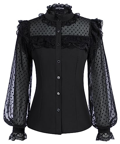 SCARLET DARKNESS - Camicetta elegante da donna, in pizzo, mesh, patchwork, maniche a lanterna, estive, vintage, top, nero, XL