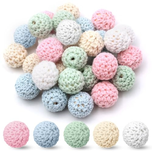 ZOCONE 30pcs Gehäkelt Holzperlen, Häkelperlen 16 mm Bunte Garn Holzkugeln Mit Fädellöchern Handgefertigte Holzkugeln Für DIY Halskette Armband Häkelperlen (Hellblau)