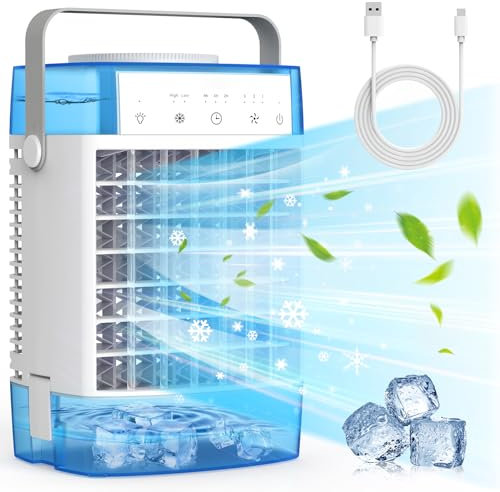 RCCVEI Aire acondicionado portátil, unidad de CA pequeña de 3 velocidades, enfriador de aire evaporativo con función de temporizador, luz nocturna de 7 colores, tanque doble, 2 modos de niebla, aire
