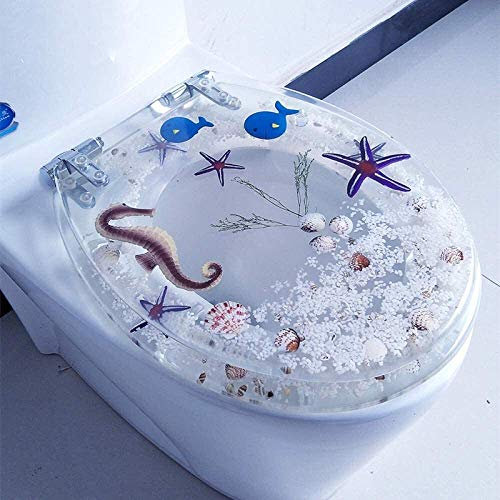 WC-Sitzdeckelbezug, WC-Deckelbezug, langsam schließender WC-Sitzbezug aus Kunstharz, Kunst-3D-Effekte, robuster WC-Deckel mit echten Blumen, Muscheln und Sand für U/V/O-Typ – Top-Fix-Beschlä