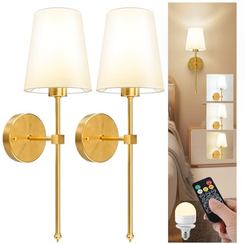 LGMCF Battery Operated Wall Sconce Set of 2, Rechargeable Wall Lights with 5000mAh Dimmable Detachable Charging Bulbs and Remote, 3 Color Temperature Wireless Sconces for Bedroom Living Room Hallway