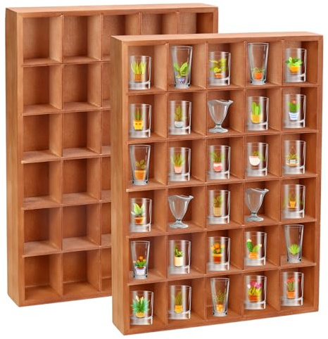 2 Stück Schnapsglas-Vitrine, braunes Schnapsglasregal aus Holz mit abnehmbaren Regalen, Wandmontage, Schattenbox, Fingerhut-Vitrine, 30 Fächer