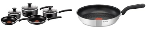 Tefal Essential, Aluminium Pots and Pans Set, 16 cm, 18 cm and 20 cm Saucepans with Lids & Comfort Max, Induction Frying Pan, Stainless Steel, Non Stick, 30 cm