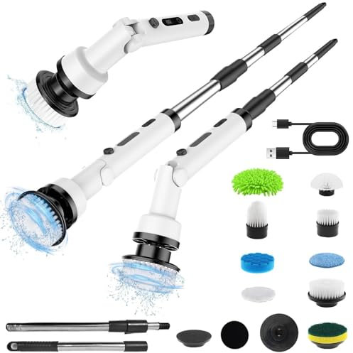 Electric Spin Scrubber, Cordless Cleaning Brush with 9 Replaceable Heads, Power Scrubber 3 Adjustable Speeds, Shower Scrubber with Extension Handle, Cleaning Supplies for Tile, Floor
