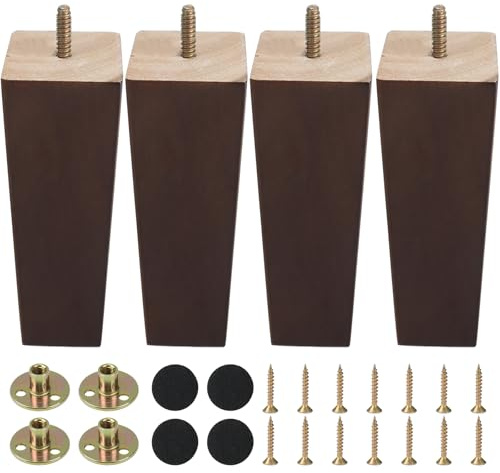 Zythrem Sofa Legs Set of 4 15cm Sofa Feet 6Inch Solid Wooden Furniture Legs | Bed Leg Walnut Chair Cabinet Leg Square Replacement Furniture Feet M8 Bolt with Mounting Plate, Screw and Anti Slip Mat