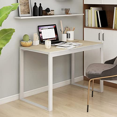 Homgoday White and Oak Chipboard Computer Desk, 110 x 60 x 73 cm, Computer Desk, Office Table, Workstation, Study Writing Desk for Home Office Bedroom