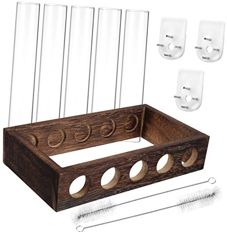 CIMAXIC 1 Set Wandhängende Pflanzgefäße Anzuchtstationen Mit 5 Testrohren Holzständer Reinigungsbürsten Und Installationsnägeln Tisch Terrarium Zubehör Für Pflanzenanzucht