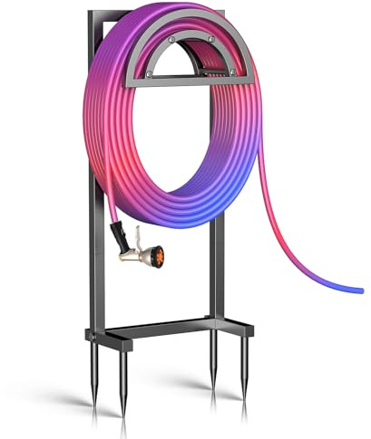 OLV Garden Hose Holder, Outdoor Freestanding Heavy Duty Water Hose Holder Reel with 4 Spikes Holds 150-ft Water Pipe, Detachable Metal Hose Storage Stand Hanger Rack for Outside Yard Lawn Farm, Black
