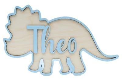 Personalised Wooden Dinosaur Name Sign for Kids Bedroom - Hand Painted Triceratops Nursery Decor - Custom Boys & Girls Room Wall Art