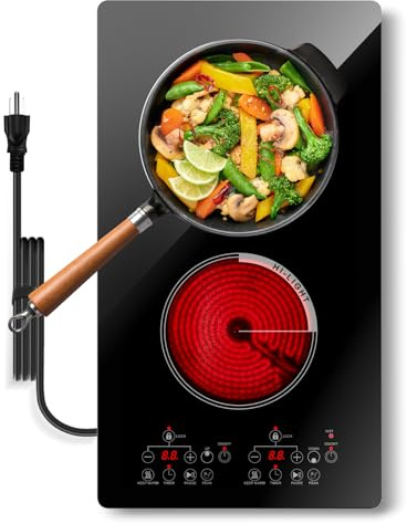 Borrallio Piano cottura elettrico a 2 fuochi 2000W, Piastra riscaldante portatile in vetro ceramico da 30,5 cm, Bruciatore elettrico da piano cottura con spina 110V, Bruciatore da incasso e da banco
