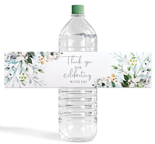 URROMA Water Bottle Label, 100Pcs Thank You for Celebrating with us Greenery and White Plant Wedding Water Bottle Wraps Sticker for Baby Shower