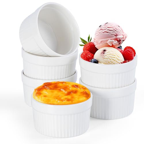 FoiiLiio 6x stampi per soufflé,200 ml Pirottini in Ceramica,Mini Ciotole in Porcellana per Creme Brulè,ciotole in ceramica per creme brulee,Resistenti al Forno,Bianco,Rotondo