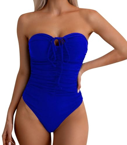 Sllowwa Maillot de bain bandeau gainant noir une pièce pour femme - Couleur unie - Plissé - Sans bretelles - Avec n ud sur le devant - Dos nu - Été 2025, bleu, L