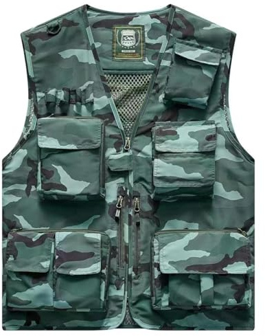 Hwalleum Herren Freien Tarnung Weste, Herren Sommer Leicht Vielen Taschen Camo Casual Gilets Outdoor Multifunktions Ärmellos Angeln Weste Geeignet für Camping Jagd Fotografie Wandern