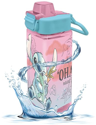 HOVUK Disney Stitch - Bottiglia quadrata da 500 ml, in plastica riutilizzabile, con coperchio con beccuccio di bloccaggio, flip-up, per bambini da picnic o viaggi dai 3 anni in su, rosa