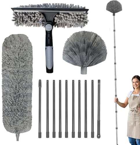 Kit De Dépoussiérage Haute Portée De De 6m avec Perche D'extension De 1.5 À 4.9m Plumeau en Toile D'araignée avec Perche Télescopique, pour Ventilateur De Plafond, Fenêtres, Murs Et Abat-Jour