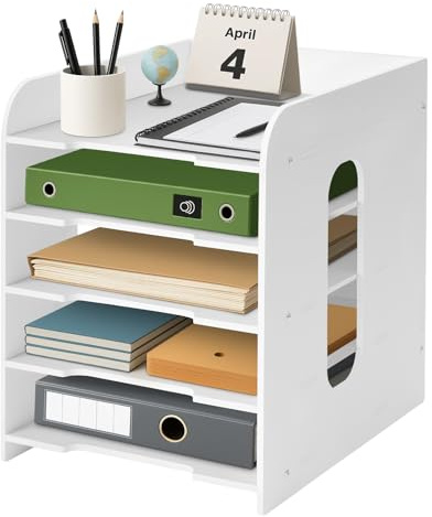 5-tier Office Filing Trays Holder with Pen Holder Letter A4 Paper Desk Organiser Desktop File Holder Stackable Document Storage Rack for Home Office School (White)