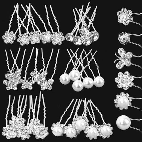 Wedding Pearl Hair Pins - 30 Pack Silver Rhinestone Bridal Hair Accessories for Women, Bridesmaids, and Wedding Guests