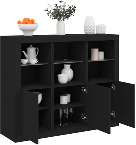 Qnhdfrt Sideboards mit RGB LED-Beleuchtung Schwarz Holzwerkstoff 123x37x100 cm 3er Set für Wohnzimmer Küche Flur Esszimmer Modernes Möbel mit Stauraum