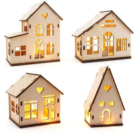 Aitsite 4 Piezas Pueblo Navideño Madera con LED Luz, Pueblo De Navidad En Miniatura, Casa Navideña con Luces Decorativa, Casitas Navidad Luz Led Decoración Navideña Interior Village de Navidad