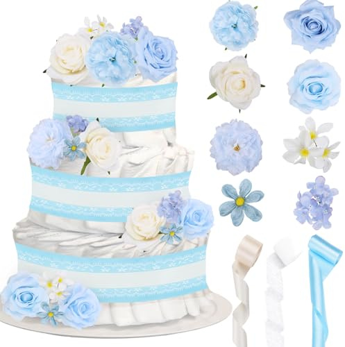 Cheerupp Blue Artificial Flowers Diaper Cake Kit, White Lace Ivory Cream Blue Ribbons Floral Stems for Baby Shower Gender Reveal Pregnancy Announcement Party Supplies