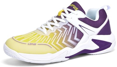 clofab Badmintonskor för män, kvinnor, inomhus, bana, träningsskor, halkfria, lätta för tennis, squash, volleyboll, handboll, Vit lila 2, 43 EU
