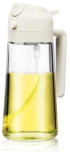 FONDOTIN Distributore e Flacone Spray per Olio da Cucina in Vetro 470ml Maniglia, Spruzzatore ad Ampio Angolo per Olio D'oliva, Aceto e Salse, per Uso Domestico e Barbecue