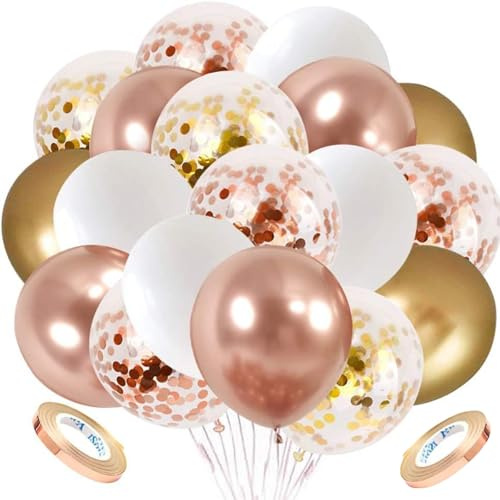 SSKHE 60 globos de oro rosa blanco y dorado, globos metálicos de oro rosa con confeti, bodas con globos, globos de látex para decoración de fiestas de cumpleaños, baby shower, baby shower
