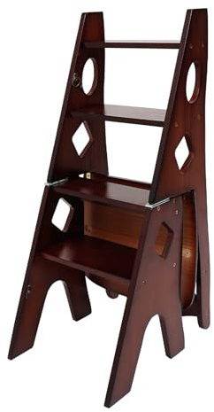 Trittleiter 4 Stufen Klappbar, Klappbar Bibliotheksstuhl Stuhl aus Kiefernholz, Holzleiter Klappstuhl bis 100kg, Ausstellungsständer Kletterstufen für Küche Zuhause Bibliotheken (Walnussfarbe)