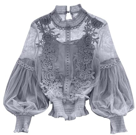 Ensemble blouse et débardeur Renaissance pour femme, élégant, en dentelle florale, transparent, à manches lanterne, col roulé, avec smocks, hauts à bretelles spaghetti, veste, manches resserrées