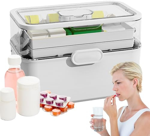 Organizador de medicina - Caja de almacenamiento de medicina de 3 capas | Сaja de primeros auxilios con mango, contenedor de herramientas de caja de medicamentos a prueba de polvo con bandeja para el