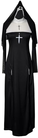 YOSUWOAI Kostüm Nonne Damen Sexy Kirche Kleid Religiöses Kleid Slim Lang Figurbetont mit Schlitz Kreuz bedruckt mit Kopfbedeckung Für Cosplay Halloween Karneval