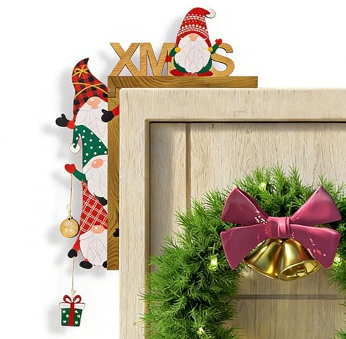 SIGANDG Decoración de Esquina de Puerta Navideña,Decoraciones de Marco de Puerta de Navidad,Artesanales de Madera Simpática Figurita de Enano con Adhesivo Redondo,Apto para Paredes,Puertas y Ventanas