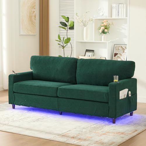 FammyLoft Sofa 2 Sitzer, Eckcouch mit USB-C, Cloud Couch mit LED-Ambiente, Getränkehaltern und Seitentaschen, Holz/Metall-Rahmen mit Komfortschaum für Wohnzimmer, Schlafzimmer, Smaragd