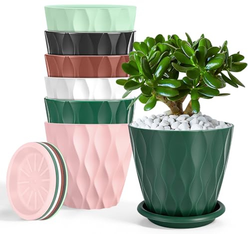Freyeeti Juego de 6 Macetas con Platillo de Agujeros de Drenaje, Maceteros Decorativos Interior para Balcón Jardín (12cm, Multicolor)