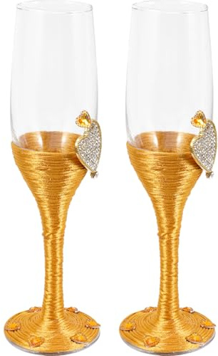 Cabilock Copas de Champán para Bodas 2 Piezas, Cristal Dorado Diseño de Corazón y Encaje, Flautas para Novios en Caja Obsequio, para Celebraciones y Eventos Especiales Obsequios