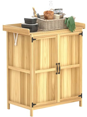 Outsunny Armoire de Jardin en Bois Abri de Jardin 2 Portes Étagère Naturel | Toit à Charnières, Dessus en Acier Inoxydable, Table de Rempotage, Table de Jardinage pour Terrasse, 74x43x88cm