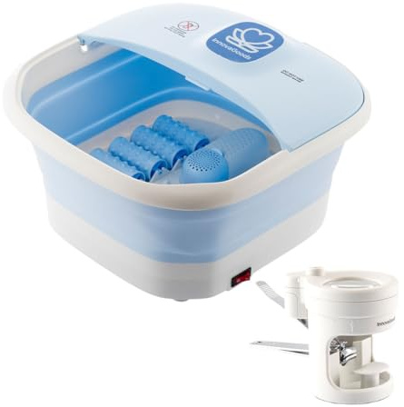 InnovaGoods Pack Spa per piedi pieghevole con rulli e idromassaggio e tagliaunghie con luce LED, lente d'ingrandimento e lime